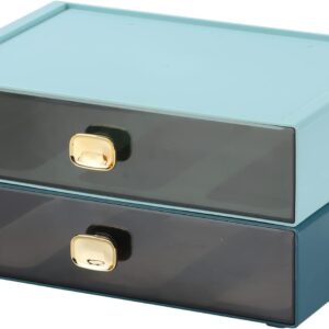 Spacious Desktop Storage Box, 2 Large Storage Drawers, Stackable Office Desk Drawer Organizer and Accessories, Printer Paper Organizer, Blue & Cyan Plastic Drawers for Workspace & Home