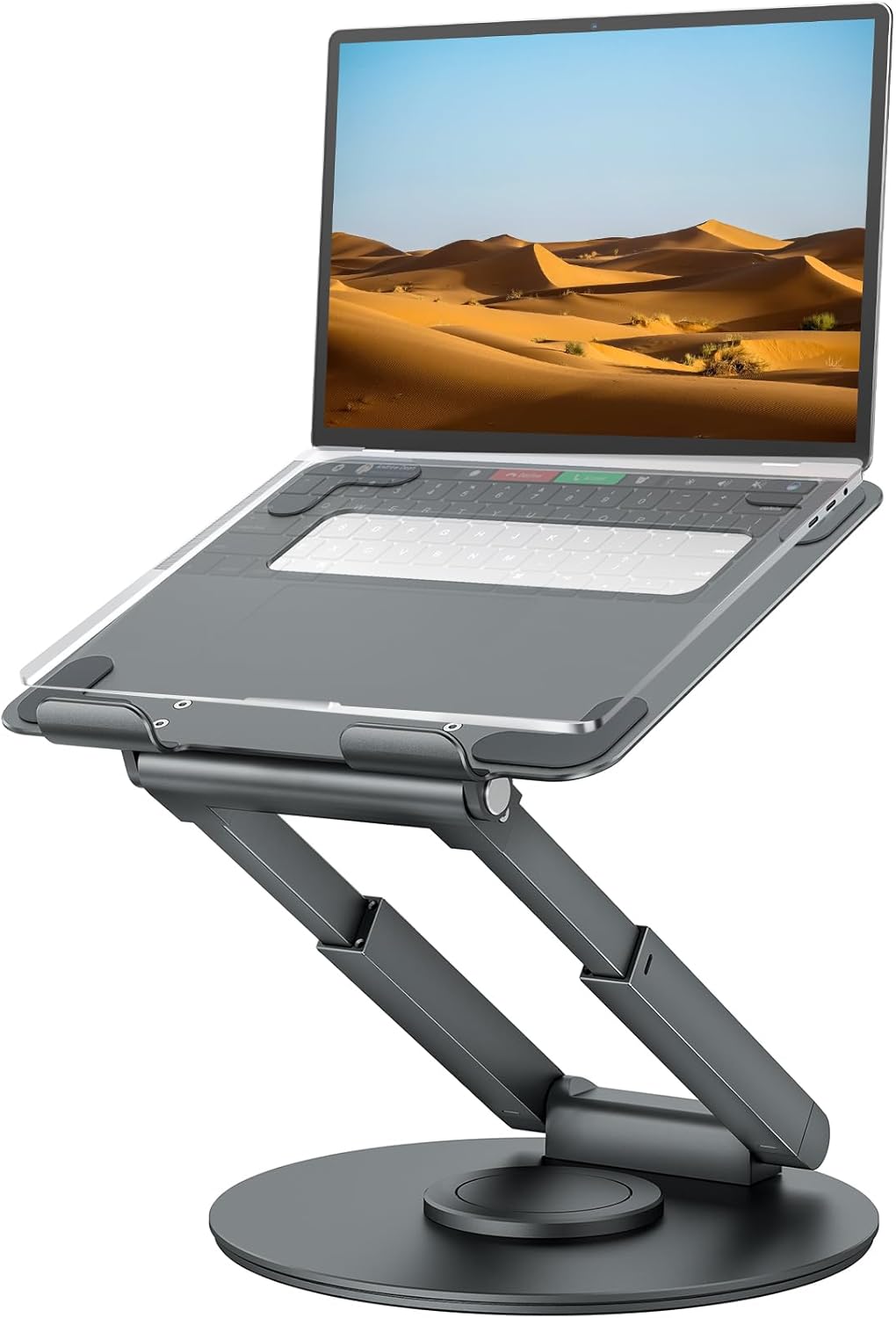 Telescopic Laptop Stand for Desk with 360° Swivel Base, Sit to Stand, Height Adjustable, Portable Riser Holder for Good Posture, Compatible with Pro, All Laptops 10-17"-Gray