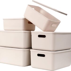 Plastic Storage Baskets With Lid Organizing Container Lidded Knit Storage Organizer Bins for Shelves Drawers Desktop Closet Playroom Classroom Office (4M+2S, Light grey)