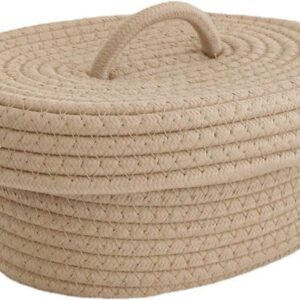 Desktop Storage Box with Lid, Handmade Cotton Rope Storage Basket for Makeup Sundries Snack Needles(Khaki)