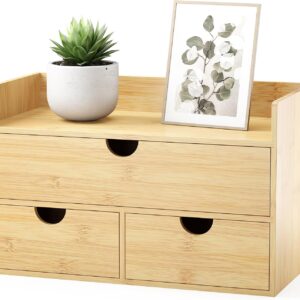 Bamboo Desk Organizer with Drawers Small Desktop Drawers for Countertop Mini Tabletop Storage Container with Drawers for Home Office No Assembly Required