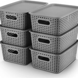 Plastic Storage Baskets Bins With Lid Organizing Container Lidded Knit Storage Organizer Bins for Shelves Drawers Desktop Closet Playroom Classroom Office, 6 Pack