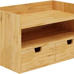 Bamboo desk organizer - Mini desktop drawer desktop storage and organizing box, suitable for office, home, bathroom supplies, no assembly required (3 drawers with overhead box)