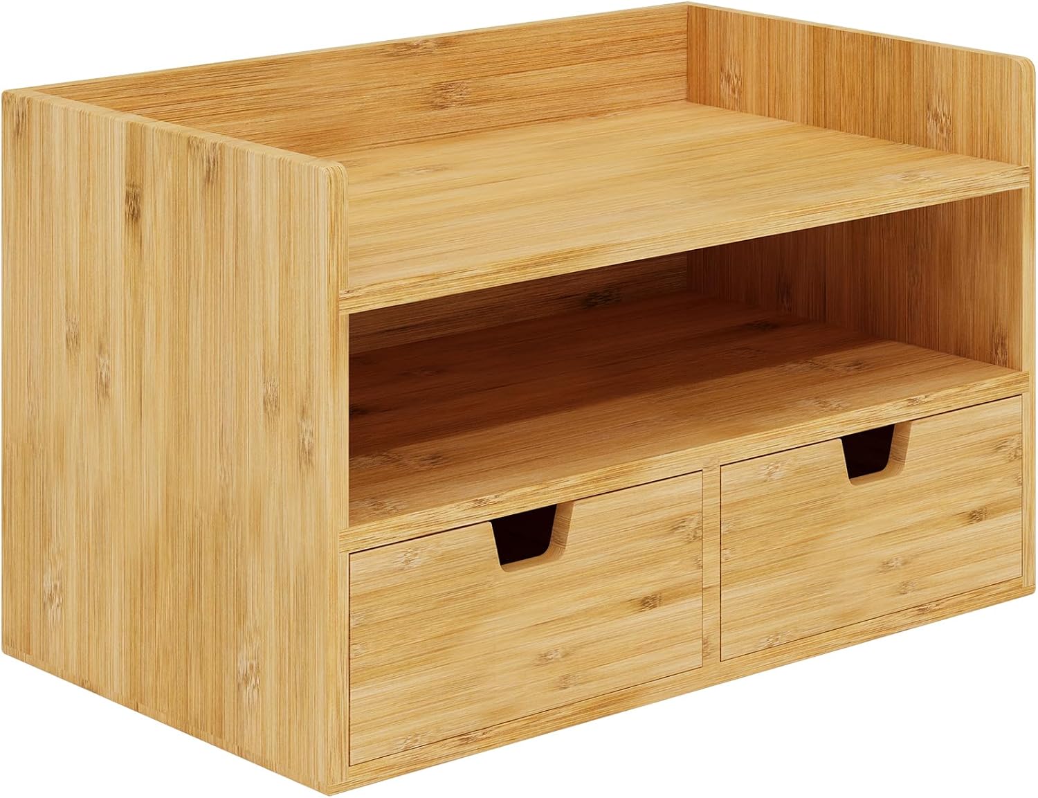 Bamboo desk organizer - Mini desktop drawer desktop storage and organizing box, suitable for office, home, bathroom supplies, no assembly required (3 drawers with overhead box)